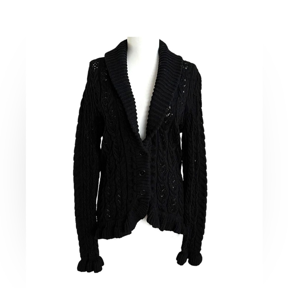 Ralph Lauren Black Open Knit/Crochet Ruffled Sweater/Cardigan